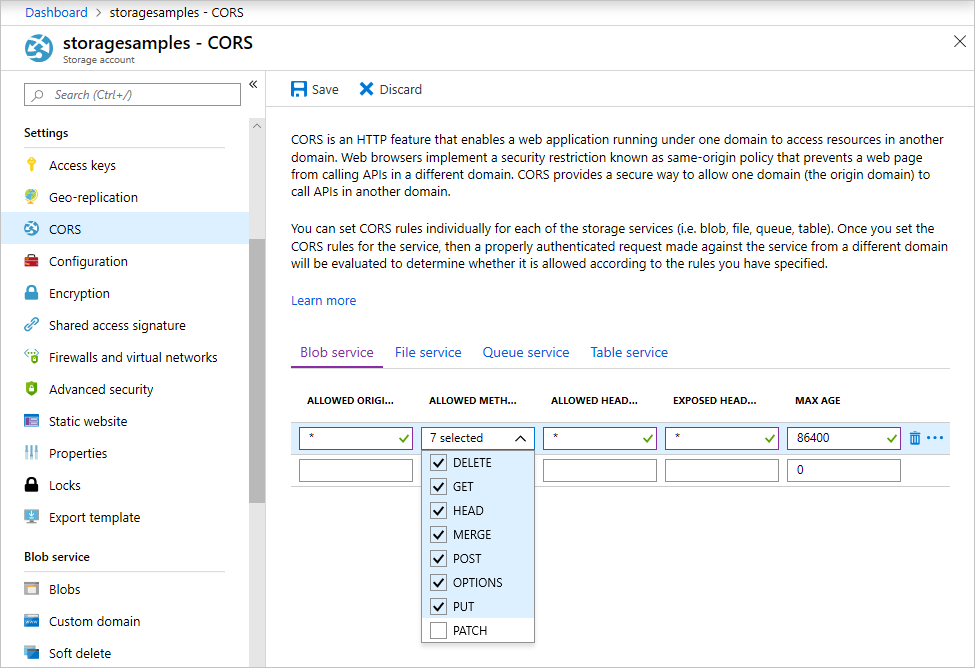 Azure Blob 儲存體 帳戶 CORS 設定