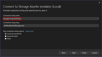 螢幕擷取畫面顯示如何設定連接字串，以搭配 ASP.NET 專案使用 Azurite。