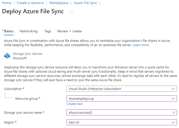 顯示如何在Azure 入口網站中部署儲存體同步服務的螢幕擷取畫面。