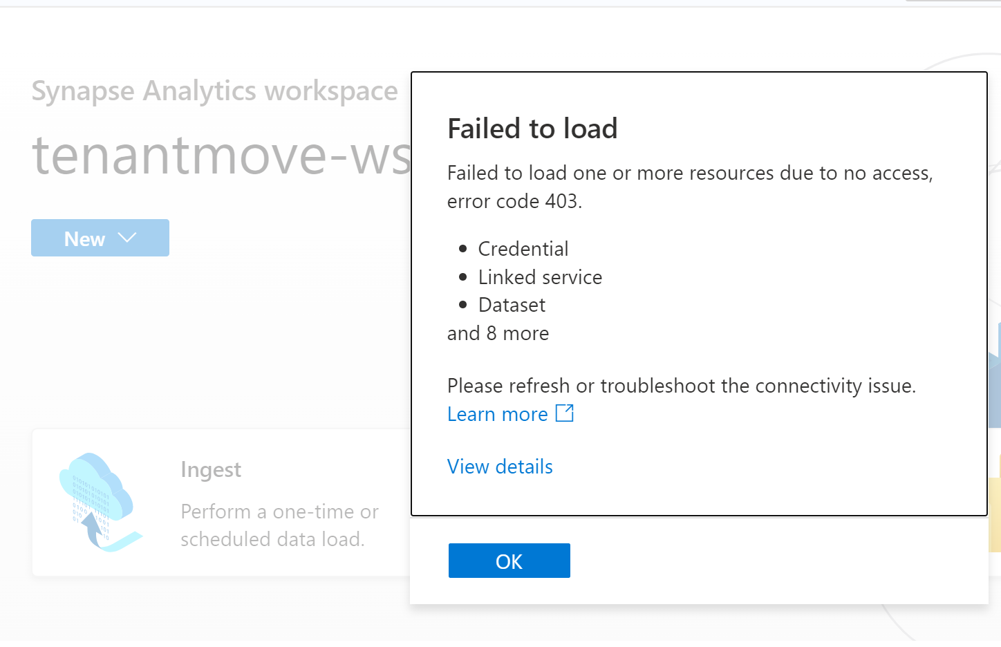 Screenshot of Synapse Studio Error 403 after tenant migration.