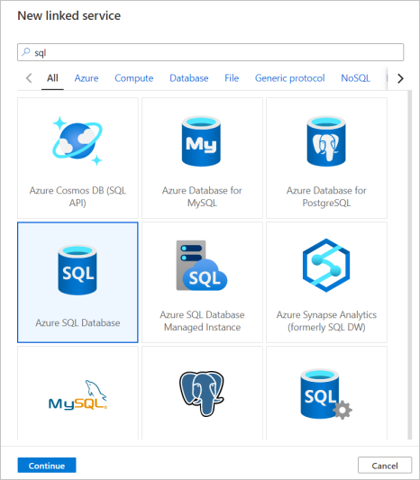 建立新的 Azure SQL Database 連結服務