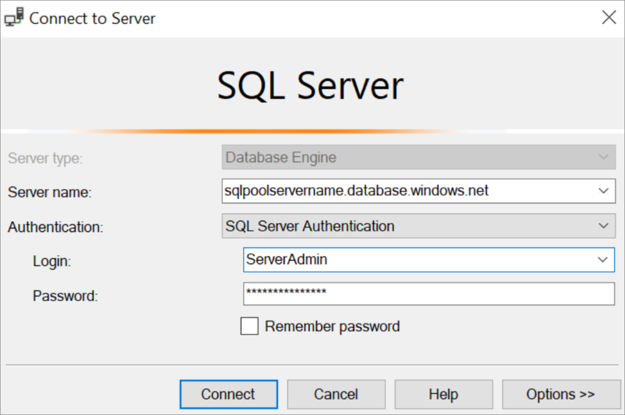 SQL Server Management Studio (SSMS) 的螢幕擷取畫面。連線到伺服器。