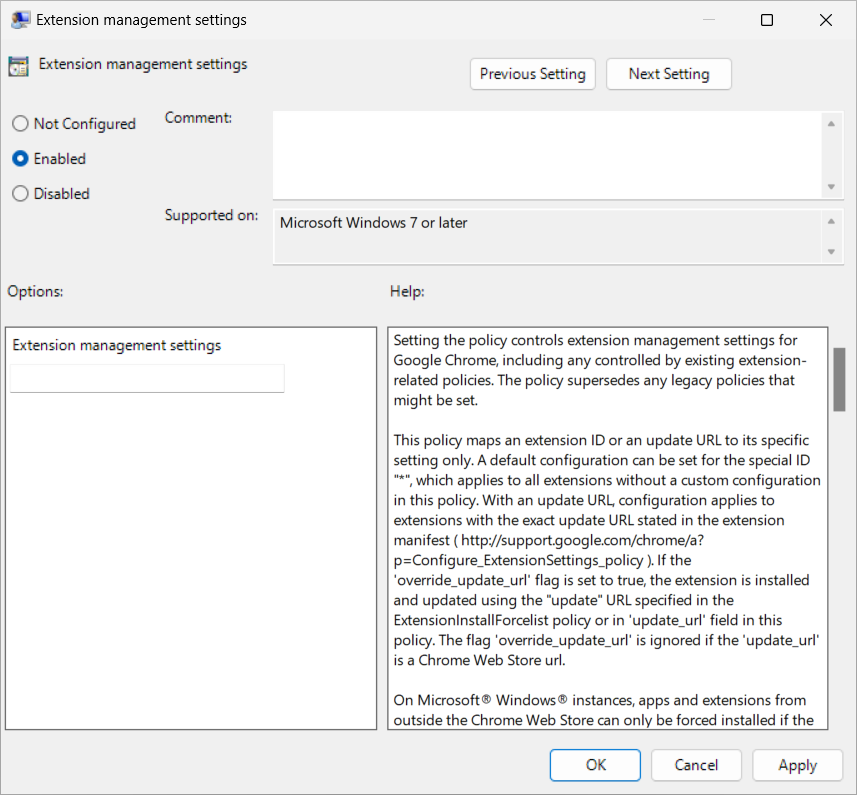 顯示組策略編輯器中 Google Chrome 延伸模組管理設定的螢幕快照。