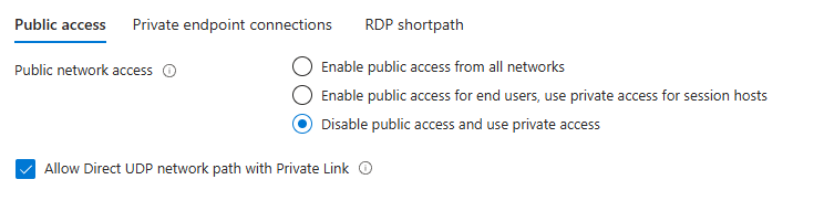 選擇「停用公開存取並使用私人存取」選項時，顯示 RDP Shortpath 勾選框的截圖。