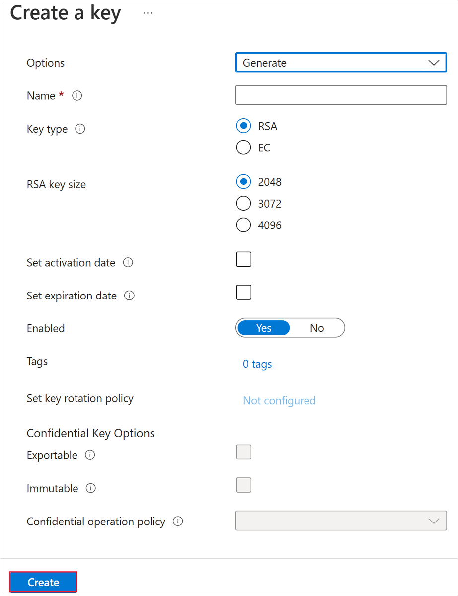 選取產生/匯入按鈕後所出現建立金鑰窗格的螢幕擷取畫面。