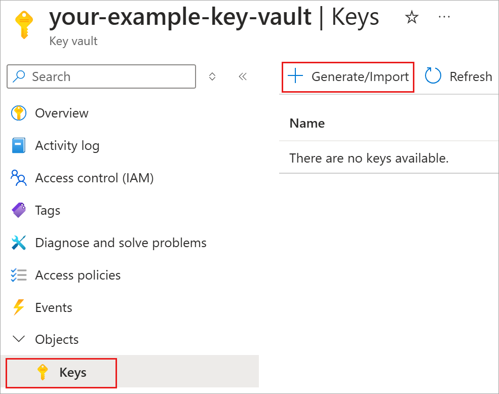 Key Vault 資源設定窗格的螢幕擷取畫面。在設定中顯示產生/匯入按鈕。