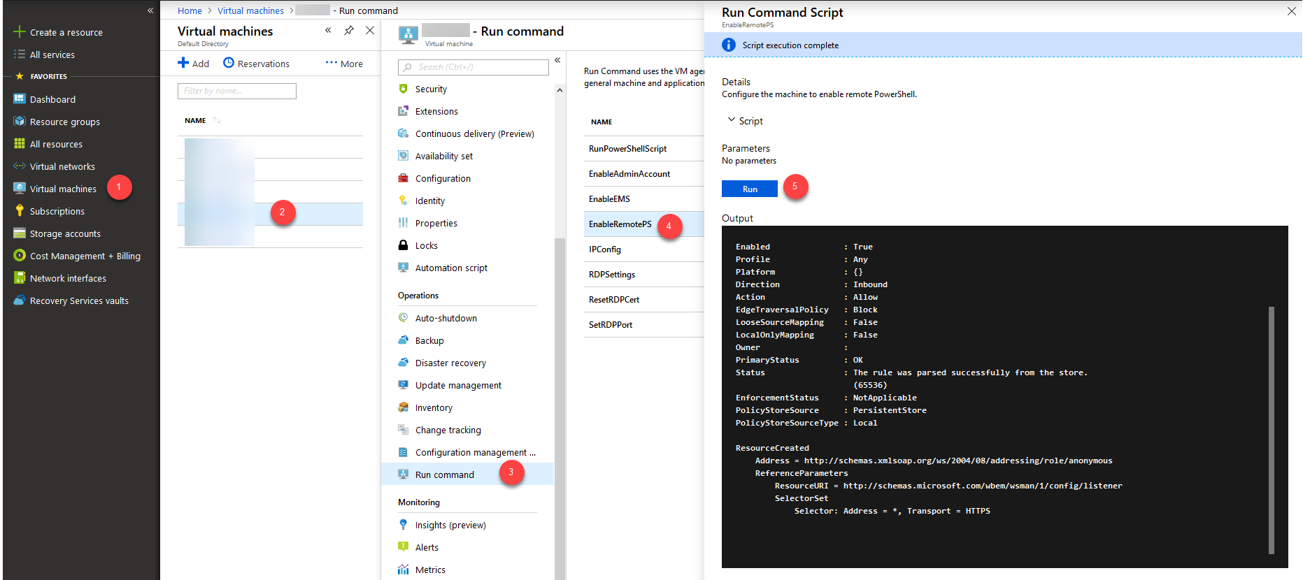 從入口網站執行 EnableRemotePS 腳本的步驟螢幕快照。