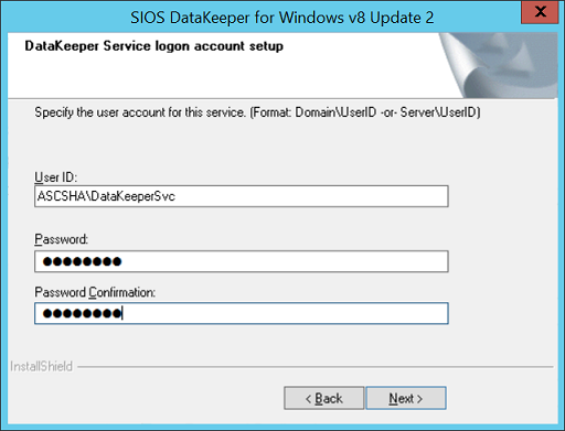 圖 34:為 SIOS DataKeeper 安裝輸入網域使用者名稱和密碼