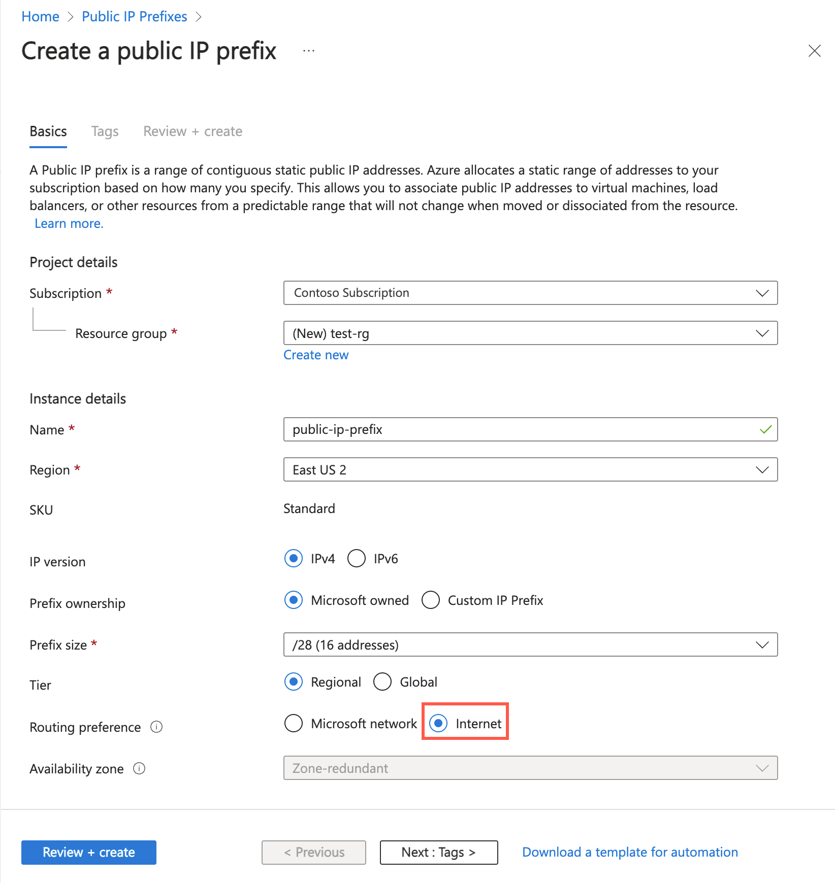 在 Azure 入口網站中使用路由喜好設定建立公用 IP 位址前置詞的螢幕擷取畫面。