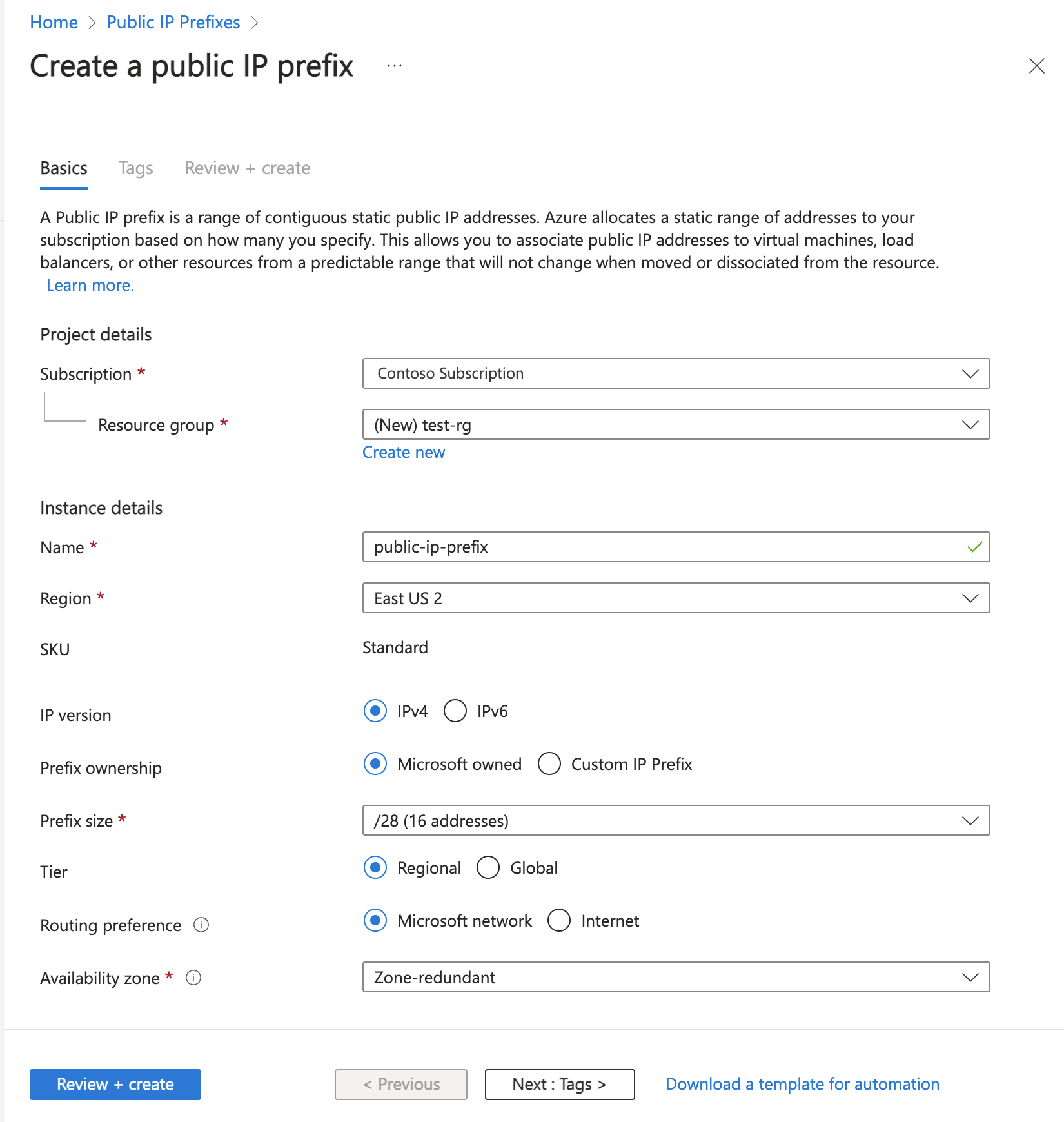 在 Azure 入口網站中使用預設設定建立公用 IP 位址前置詞的螢幕擷取畫面。