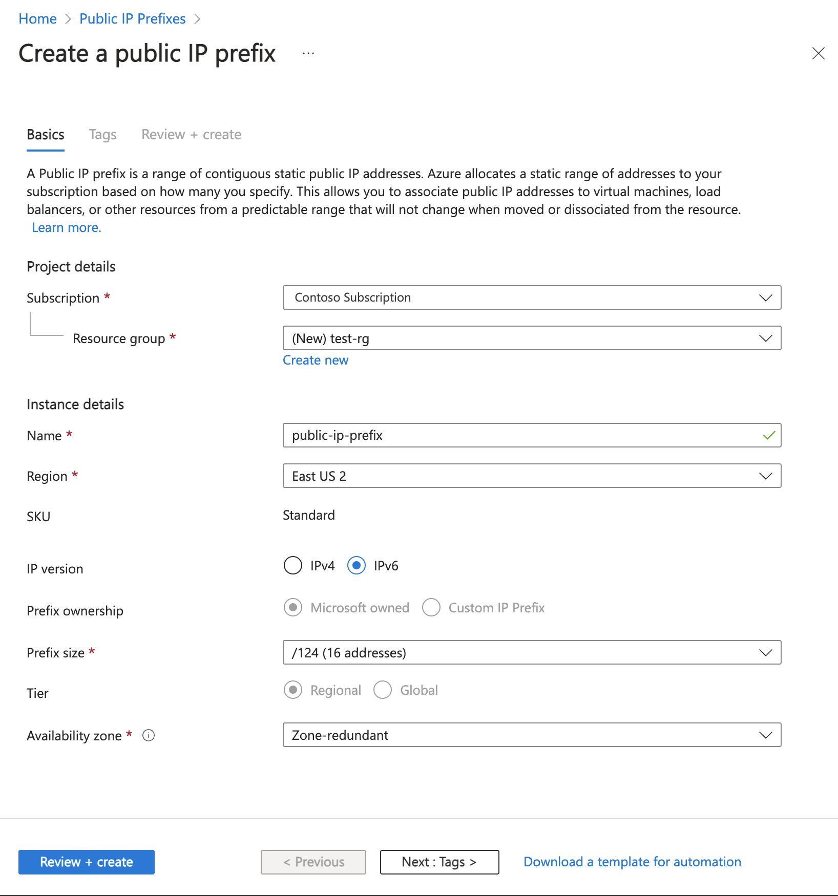 在 Azure 入口網站中建立 IPv6 公用 IP 位址前綴的螢幕擷取畫面。