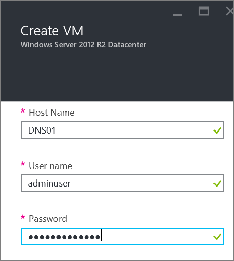Screenshot that shows how to create a VM by entering the name of the VM, local administrator user name, and password.