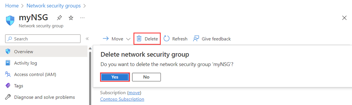 Azure 入口網站中刪除網路安全性群組的螢幕擷取畫面。