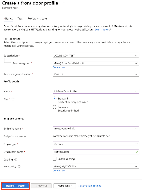 Screenshot that shows the completed Azure Front Door profile configuration.