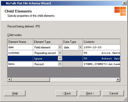 FlatFileSchemaWizard_ChildElements 子項目畫面