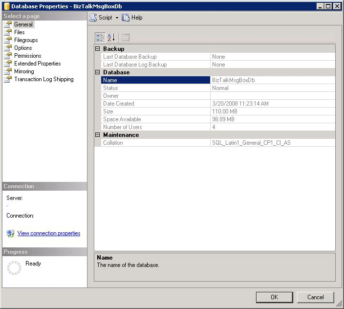 SQL Server 2005 資料庫屬性對話方塊