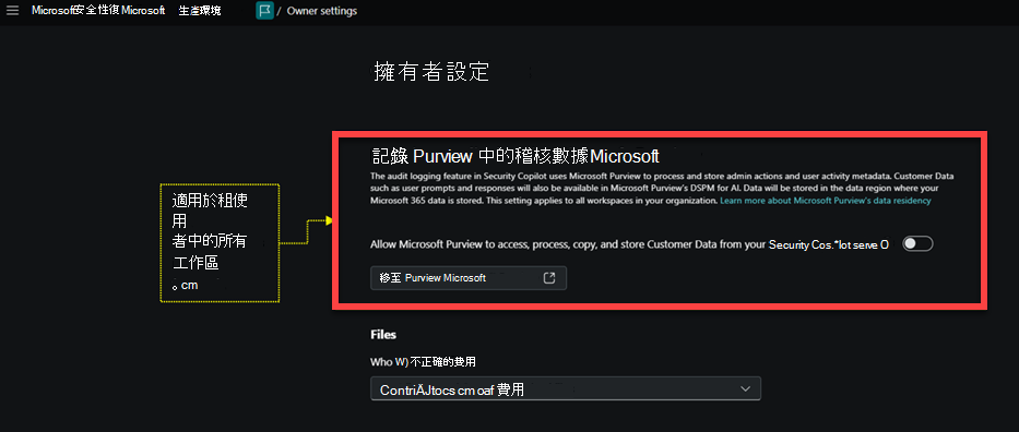 已醒目提示記錄稽核數據的擁有者設定頁面影像。