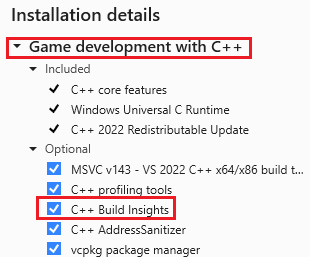 Visual Studio 安裝程式的螢幕擷取畫面，其中已選取 [使用 C++ 進行遊戲開發] 工作負載。