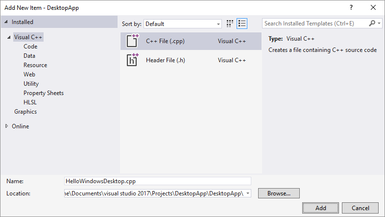Screenshot of the Add New Item dialog box in Visual Studio 2015 with Installed > Visual C plus plus selected and the C plus plus File option highlighted.