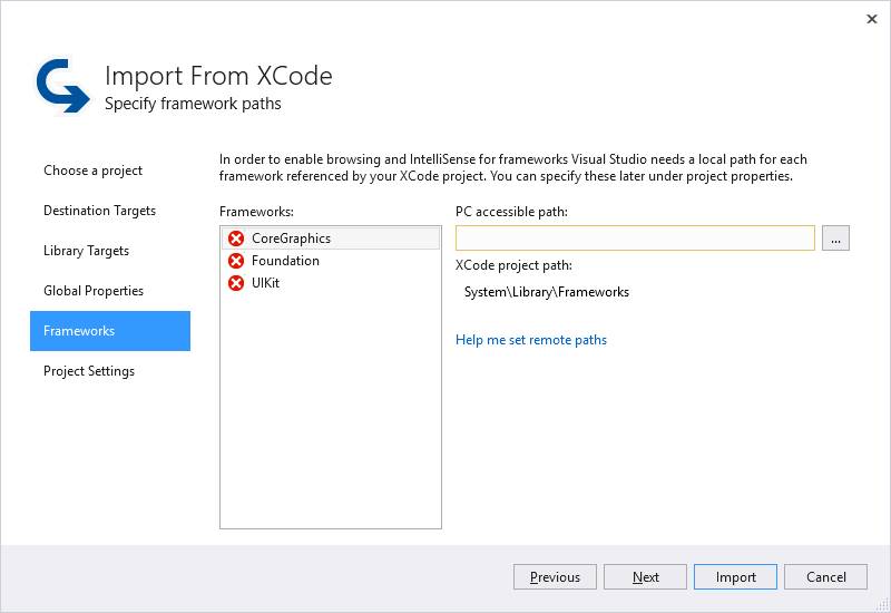 從 Xcode Frameworks 窗格匯入。