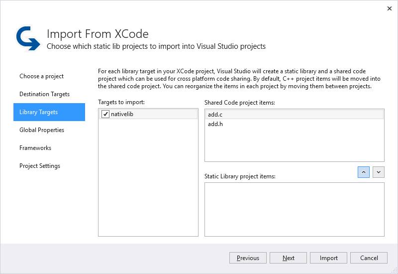 從 [Xcode 連結庫目標] 窗格匯入。
