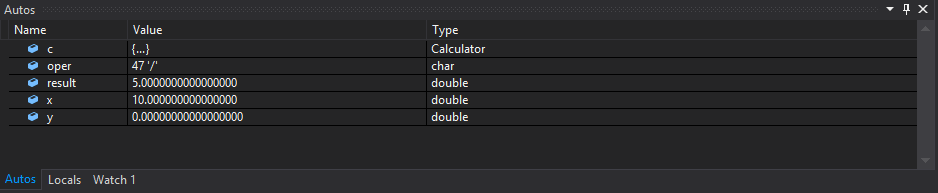 Visual Studio 調試程式 [自動變數] 視窗的螢幕快照。