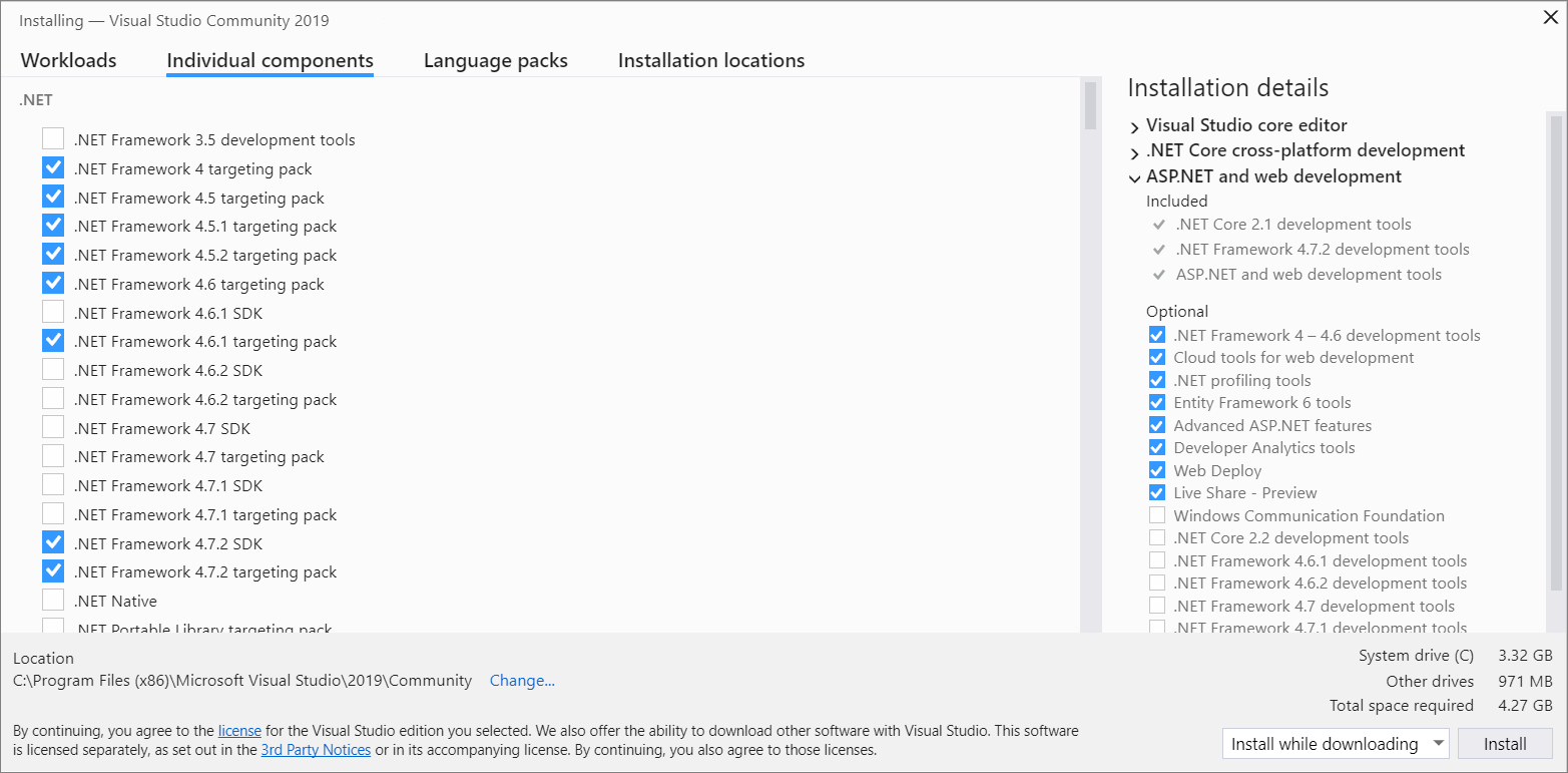 Install Visual Studio individual components Screenshot of the Visual Studio Installer, showing the Install individual components tab view.