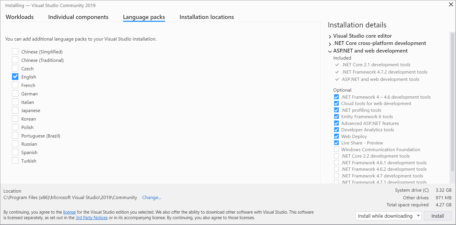 Install Visual Studio language packs Screenshot of the Visual Studio Installer, showing the Install language packs tab view.
