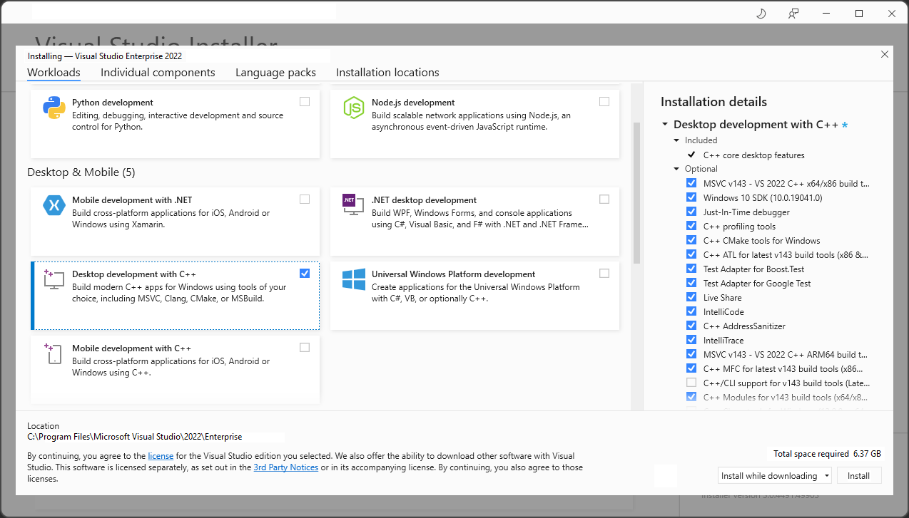 Visual studio installer with the Desktop development with C++ workload selected.