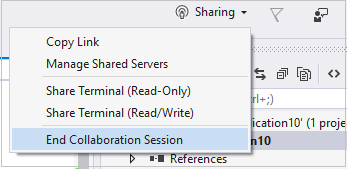 [共用] 下拉式清單的螢幕擷取畫面，其中已醒目提示 [結束共同作業會話] 選項。