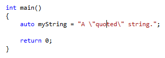 在程式程式碼上加上引號的中間游標螢幕擷取畫面：auto MyString = 「A 」quoted「 字串。