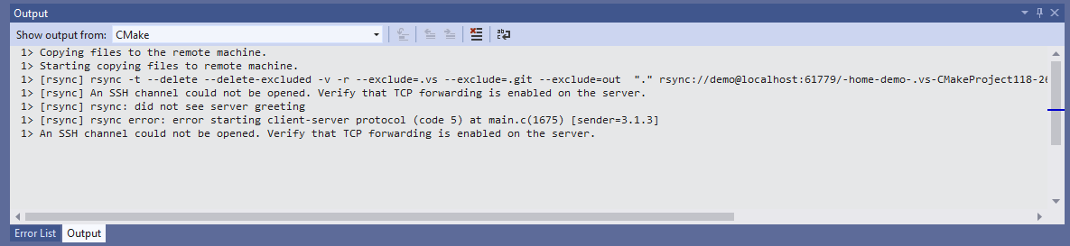 Visual Studio 輸出視窗的螢幕快照，其中顯示 Rsync 錯誤訊息。