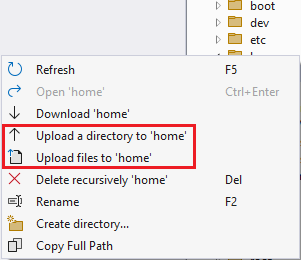 [遠端檔案總管] 的螢幕快照，其中顯示 [上傳目錄] 和 [上傳檔案] 功能表選項。