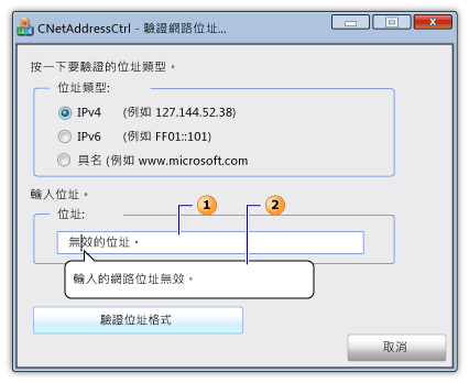 Dialog with a network address control and infotip.