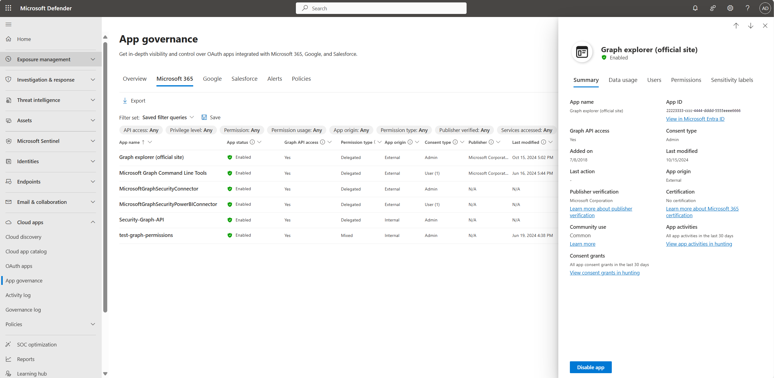 Azure AD 分頁中應用程式細節窗格的截圖。