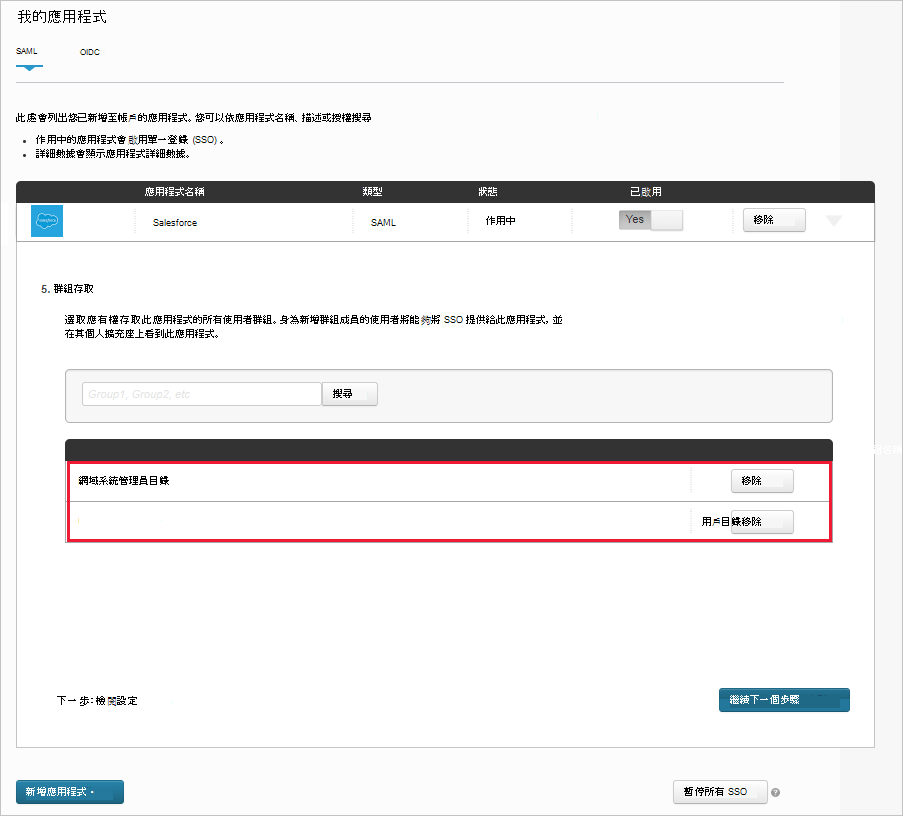 現有 Salesforce 應用程式群組存取頁面的截圖，顯示所指派的群組。