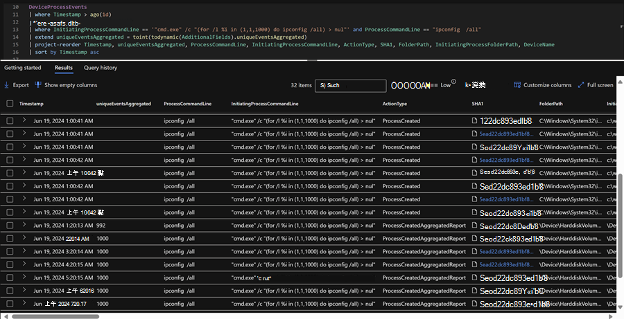 具有匯總報表的進階搜捕查詢結果螢幕擷取畫面。