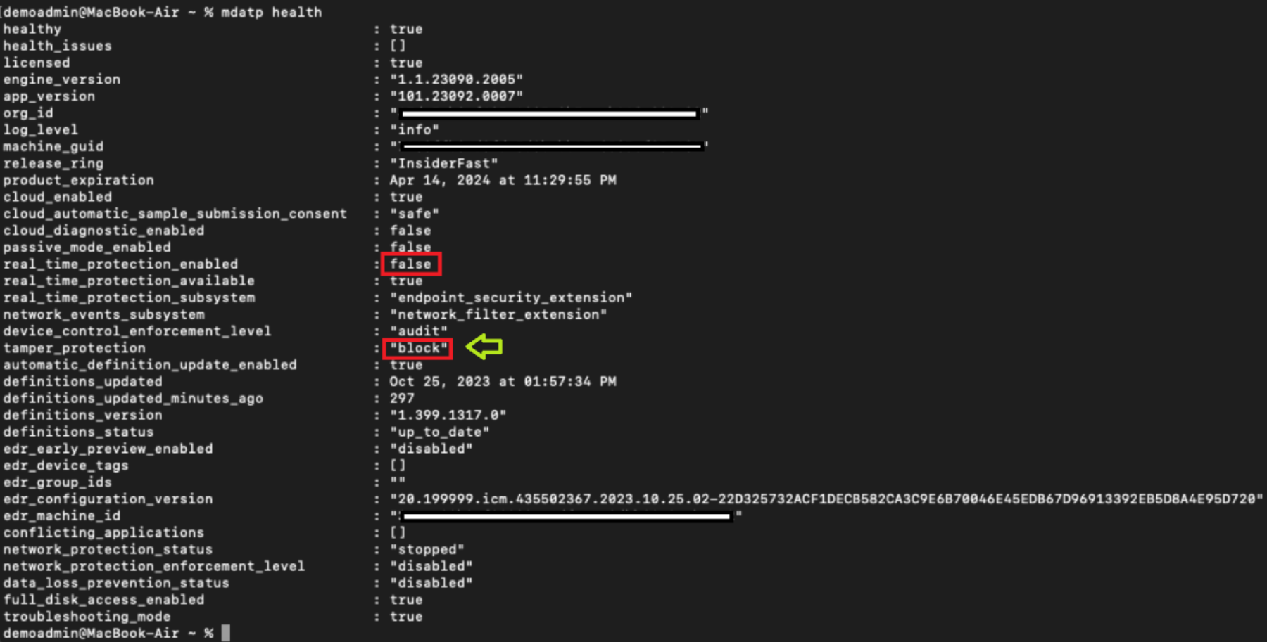 顯示執行中 mdatp 健康情況之輸出報告螢幕快照的 Screnshot。