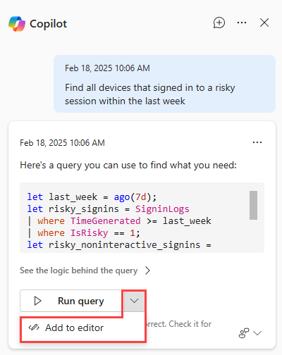 Security Copilot 在進階搜尋中顯示「新增到編輯器」選項的截圖。