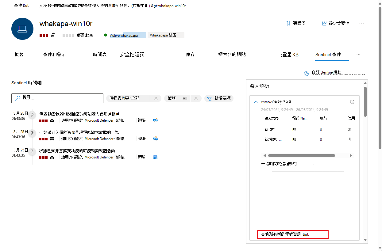 使用者實體頁面中 Sentinel 事件分頁的截圖。