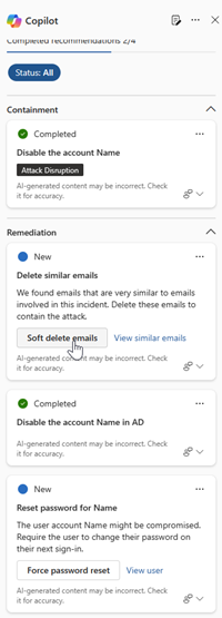 這張截圖顯示 Microsoft Defender Copilot 面板中引導回應卡的畫面。