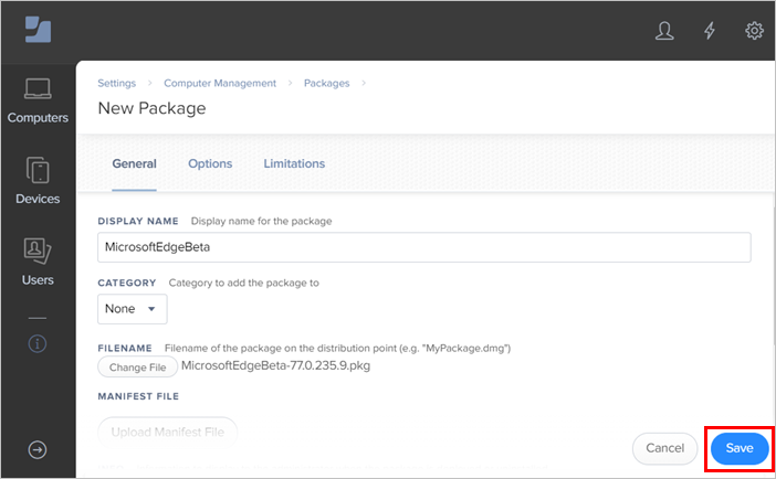選取儲存以儲存套件資訊