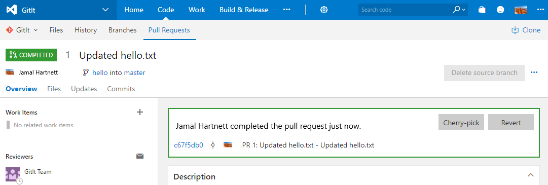 Screenshot of pull request UI example.
