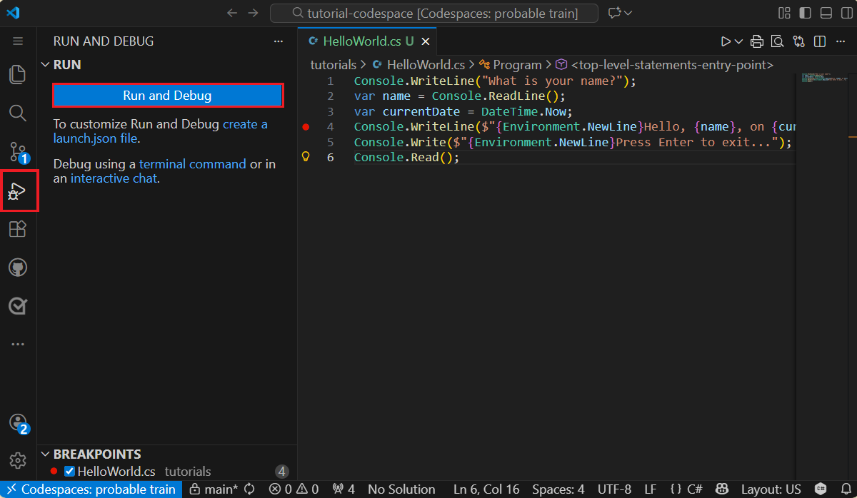 開啟 Visual Studio Code 中的 [偵錯] 索引標籤