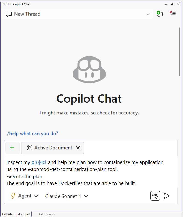 截圖，示範如何在GitHub Copilot中使用提示符啟動容器化流程。