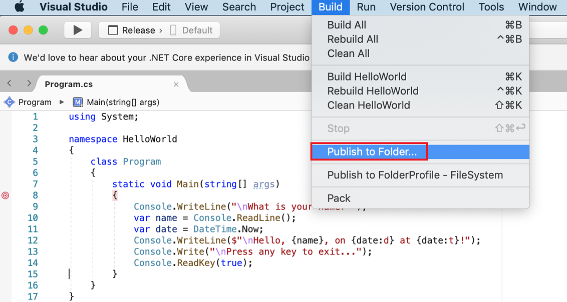 Visual Studio [發行] 操作功能表