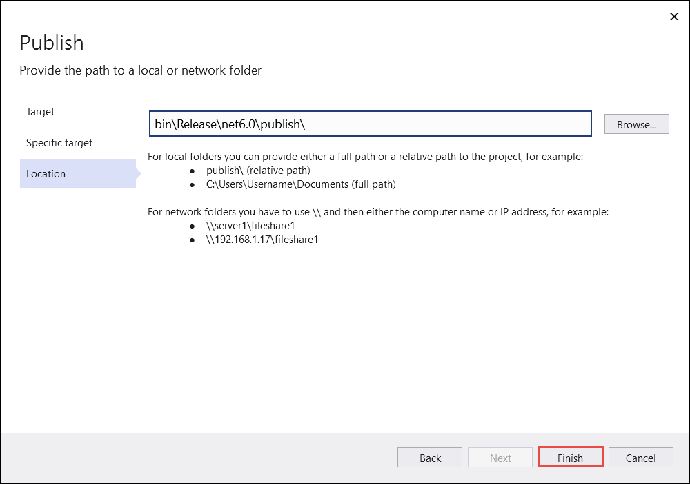 Visual Studio [發佈] 頁面的 [位置] 索引標籤