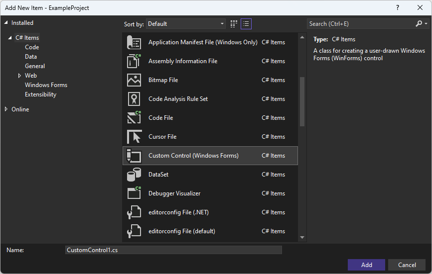 Visual Studio for Windows Forms 中的 [新增專案] 對話框