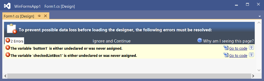 Windows Forms 設計工具錯誤頁面
