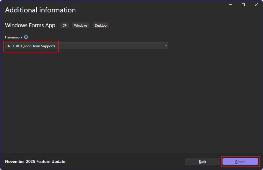 Visual Studio 2026 中「附加資訊」對話框的截圖。「框架」下拉選單中選取了「.NET 10（長期支援）」，並以紅色方框高亮。「創建」按鈕也會以紅色框高亮。